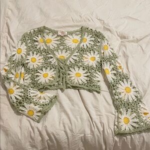 Francesca's Crochet Daisy Floral Cardigan Green Yellow Boho Lightweight Sweater
